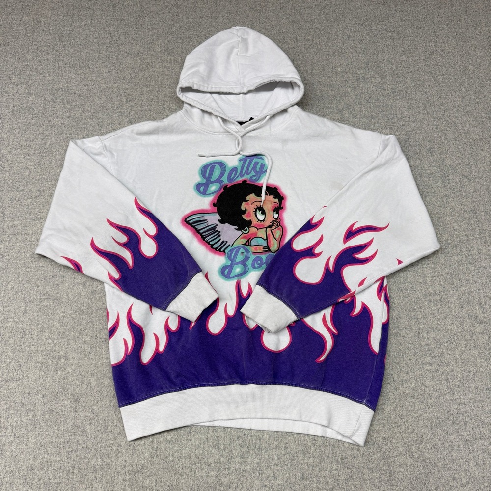 Betty Boop Angel Flame Graphic Hoodie XL White Purple Pink Streetwear Pullover